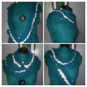 Crochet Multi-Wear Scarf/Wrap/Vest/Accessory in Teal & White NEW